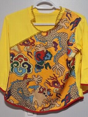 Lrg Yellow Dragon-Print Women's Top with Decorative Trim